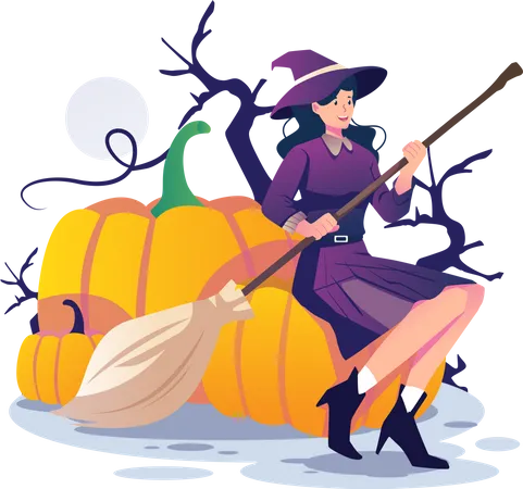 Bruja sosteniendo un palo de escoba y sentada sobre una calabaza gigante de Halloween  Ilustración