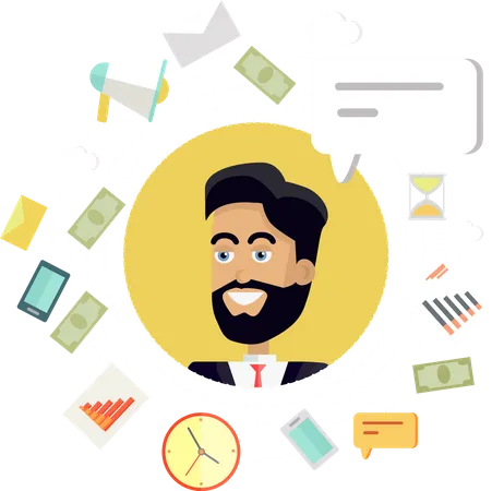 Creative Office Background Businessman Icon With Bubble Avatars Of Men With Devices For Communication Smiling Young Man Personage In Flat On Red Background Vector Illustration Illustration