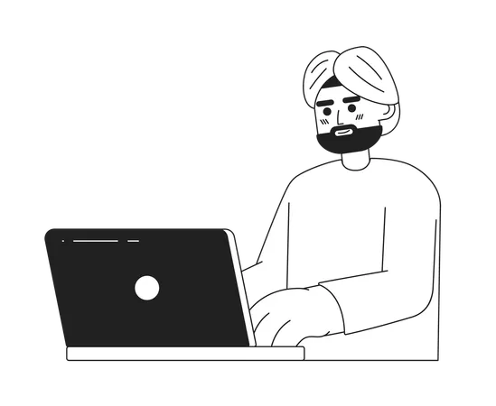 Brunette Indian Man With Dark Beard In Turbanmonochromatic Flat Vector Character Editable Thin Line Half Body Office Worker On White Simple Bw Cartoon Spot Image For Web Graphic Design Illustration