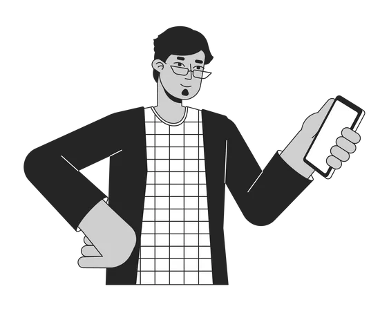 Brunette Man Holding Smartphone Flat Line Black White Vector Character Editable Outline Half Body Person Online Ordering Simple Cartoon Isolated Spot Illustration For Web Graphic Design Illustration