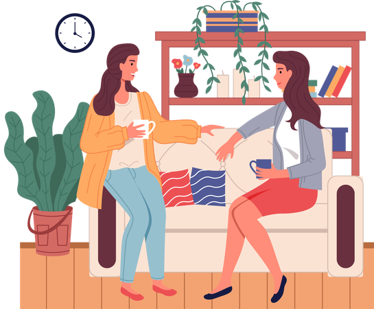 Brunette women girls sitting at sofa and talking  Illustration