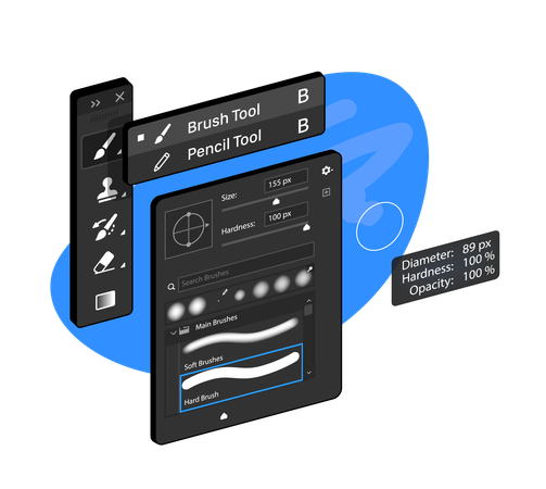 Brush and Pencil Tool in raster graphic editor  Illustration