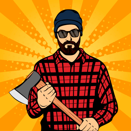 Leñador brutal hipster con barba y hacha  Ilustración