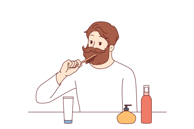 Brutal man takes care of beard and mustache uses comb to create beautiful image  Illustration