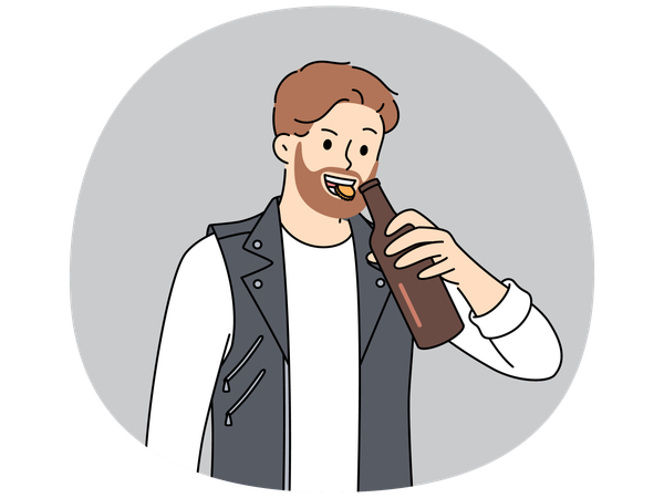 Brutaler Mann öffnet Bierflasche mit Zähnen und lächelt  Illustration