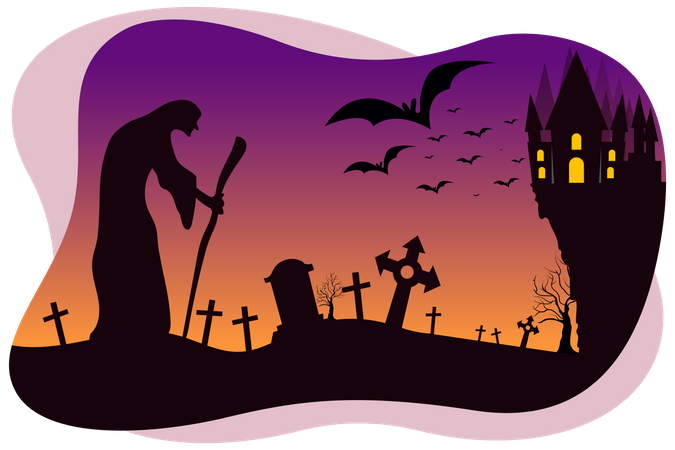 Bruxa assombrada andando no cemitério  Ilustração