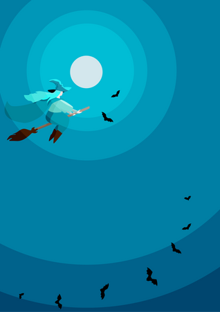 Bruxa de chapéu na vassoura com morcegos voadores  Ilustração