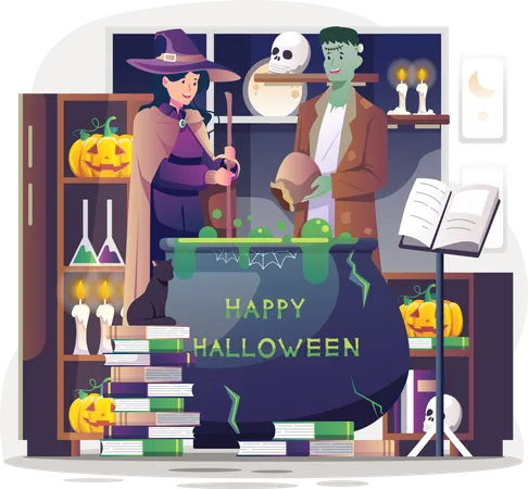 Feliz Ilustracao De Halloween Com Uma Bruxa E Frankenstein Fazendo Uma Pocao Magica Verde Em Um Velho Grande Caldeirao Ilustracao Vetorial Em Estilo Simples Ilustração