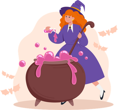 Bruxa prepara poção mágica em caldeirão para o Halloween  Ilustração