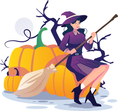 Bruxa segurando uma vassoura e sentada em uma abóbora gigante de Halloween  Ilustração