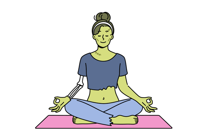 Bruxa verde meditando em posição de lótus fazendo ioga no Halloween para restaurar a saúde  Ilustração