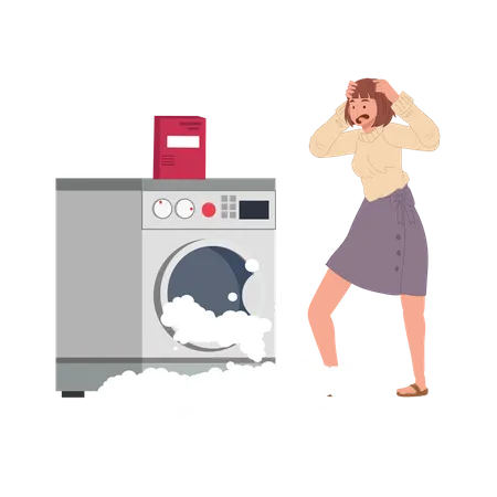 Bubble and foam come out of washing machine due to it is broken Illustration