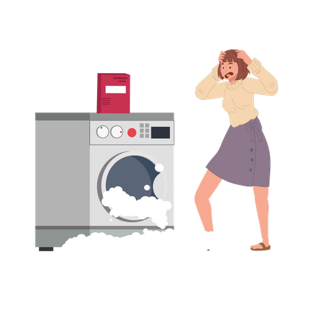 Bubble and foam come out of washing machine due to it is broken  Illustration