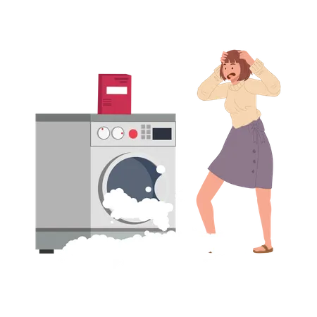 Bubble and foam come out of washing machine due to it is broken  Illustration