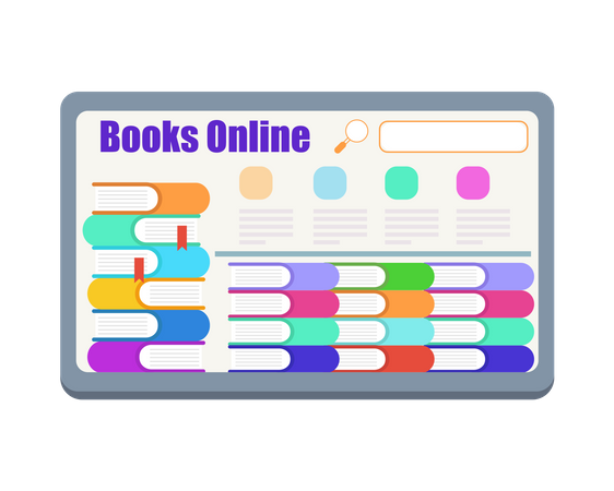 Bücherregale mit Büchern auf dem Computerbildschirm als E-Bibliothek  Illustration