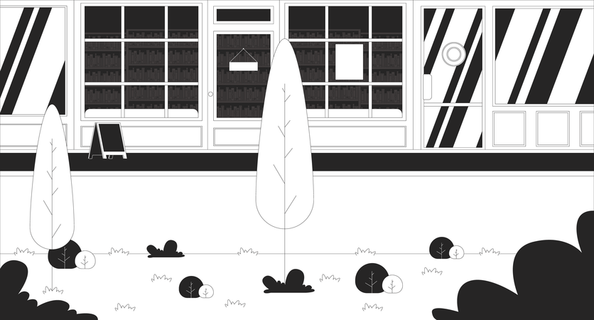 Buchhandlung Schaufenster mit grasbewachsenen Landschaft und Bäumen  Illustration