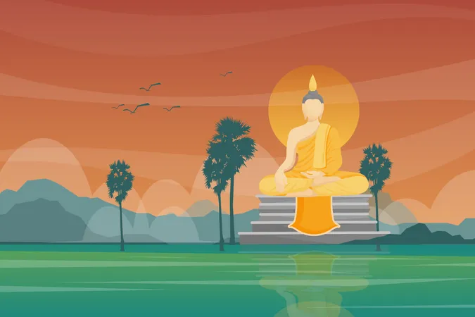 Schone Szene Mit Grossem Buddha In Tempel Wahrzeichen In Thailand Schatten Im Wasser Bei Sonnenuntergang Auf Dem Land Wat Muang Angthong Postkarten Oder Plakatdesign Vektorgrafik Illustration