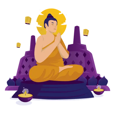 Buddha Monk In Meditation Worship With Sunset And Temple Background For Vesak Day Flat Illustration Illustration
