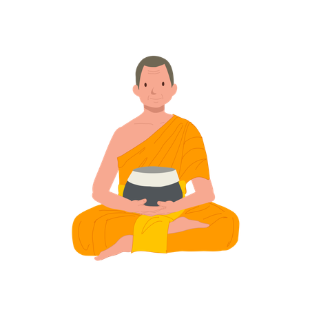 Buddhist Monk in Orange Robe with Alms Bowl  イラスト