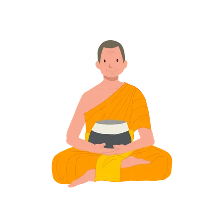 Buddhist Monk in Orange Robe with Alms Bowl  Illustration