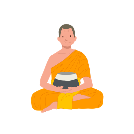 Buddhist Monk in Orange Robe with Alms Bowl  Illustration