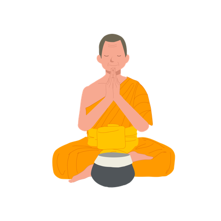 Buddhist Monk in Thai Traditional Robes Meditating Before Eating  イラスト