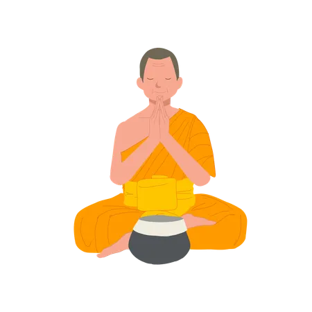 Buddhist Monk in Thai Traditional Robes Meditating Before Eating  Illustration