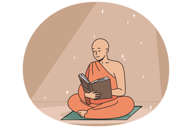 Buddhist monk reads ancient book sitting on rug  Illustration