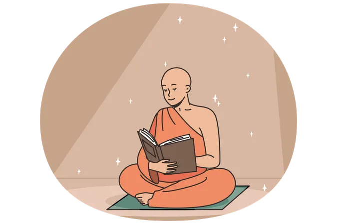 Buddhist monk reads ancient book sitting on rug  Illustration
