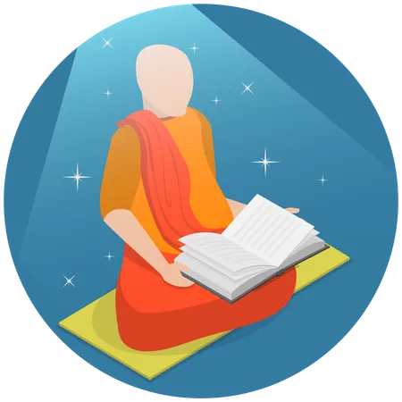 3 D Isometric Flat Vector Illustration Of Buddhist Monk Searching For Wisdom Illustration