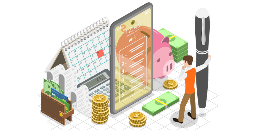 Mobile App zur Budgetplanung, Familienbudgetierung, persönliche Einkommens- und Ausgabenplanung  Illustration