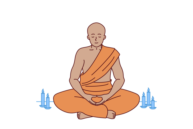 Manah budista medita sentado em posição de lótus no templo tibetano para alcançar harmonia espiritual  Ilustração