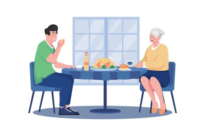 El agradable almuerzo del hombre con la madre en el Día de la Mujer  Ilustración