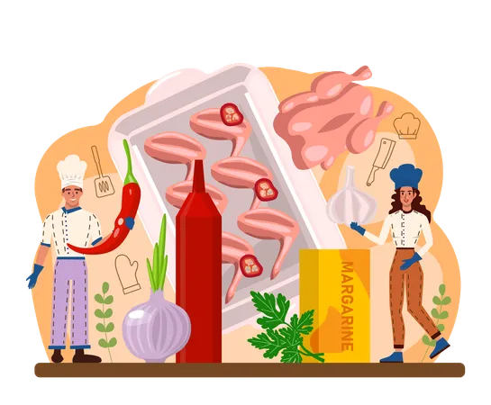 Buffalo Wings Concept Chicken Wings Cooking At Home With Butter And Pepper Spicy Homemade Appetizer With Crispy Crust Unhealthy Snack Of Meat Flat Vector Illustration 일러스트레이션