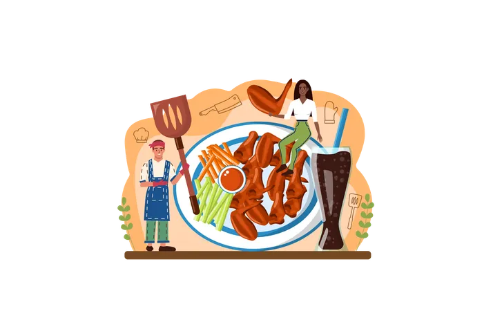 Buffalo Wings Web Banner Or Landing Page Chicken Wings Cooking At Home With Butter And Pepper Spicy Homemade Appetizer With Crispy Crust Unhealthy Snack Of Meat Flat Vector Illustration 일러스트레이션