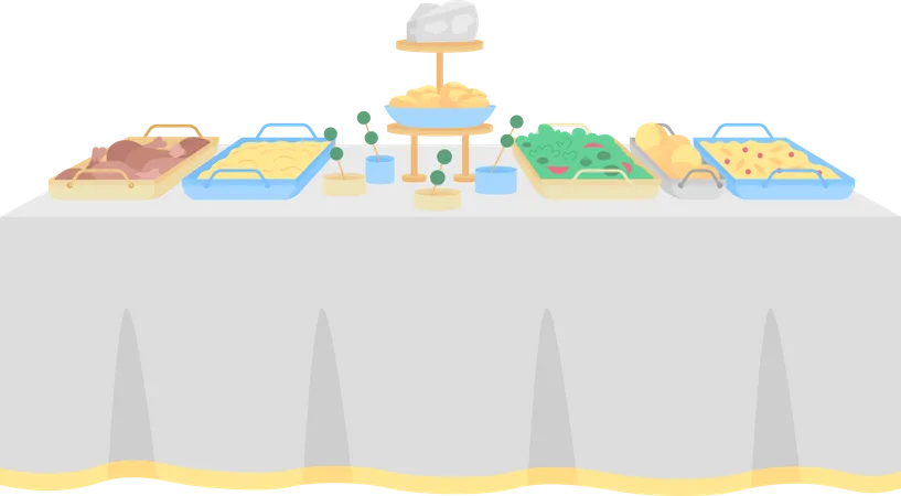Buffet Table For Wedding Reception Flat Color Vector Object Hotel Restaurant Multiple Hot Cold Dishes Table Serving For Party Isolated Cartoon Illustration For Web Graphic Design And Animation Illustration