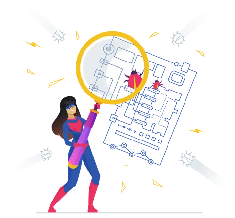 Bug Fixing Metaphor Flat Design Style Vector Illustration Happy Girl In Superhero Costume Technician Cartoon Character Computer Maintenance Hardware Repair Tester Searching Errors With Magnifier Illustration