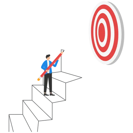 Build Stair To Reach Target Career Success Or Progress To Achievement Business Goal Or Future Succeed Effort To Grow Career Path Concept Businessman Use Pencil To Draw Stair Step To Reach Success イラスト