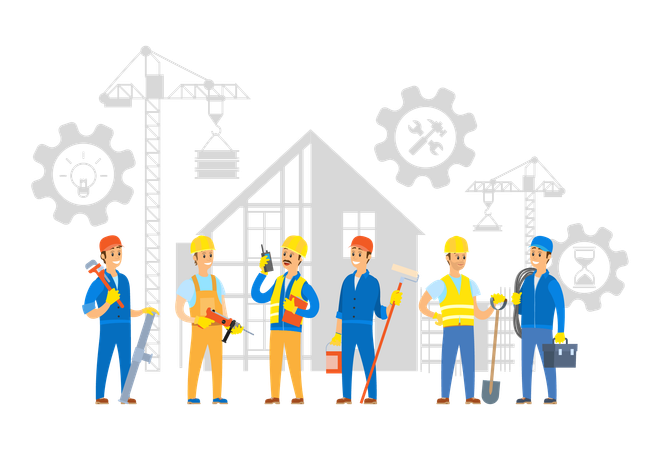Builder and worker standing with instruments  Illustration