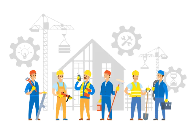 People Working On New Building Construction Vector Man With Cable Electrician And Person Holding Shovel Gears And Cogwheels Character With Case Illustration