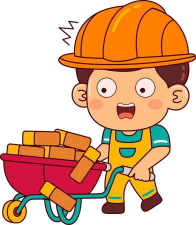Builder boy pushing brick trolley  Illustration