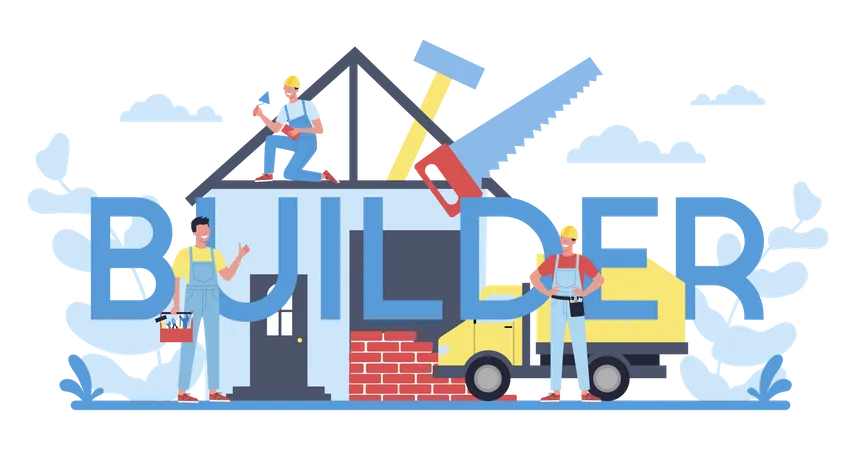Builder Typographic Header Concept Workers Constructing Home With Tools And Materials Process Of House Building City Development Concept Isolated Flat Vector Illustration Illustration