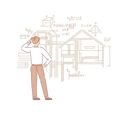 Builder Considering Engineering Solution Architect Calculating House Dwelling Place Construction Banner Engineer With Geometry Formulas On Blueprint Concept Cartoon Sketch Flat Vector Illustration Illustration