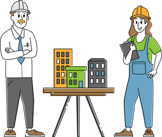 Builder Engineer Presenting Model of House Mock Up to Foreman  Illustration