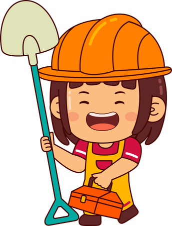 Builder girl holding shovel  일러스트레이션