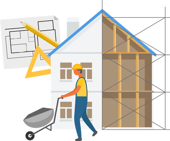 Builder going with wheelbarrow  Illustration