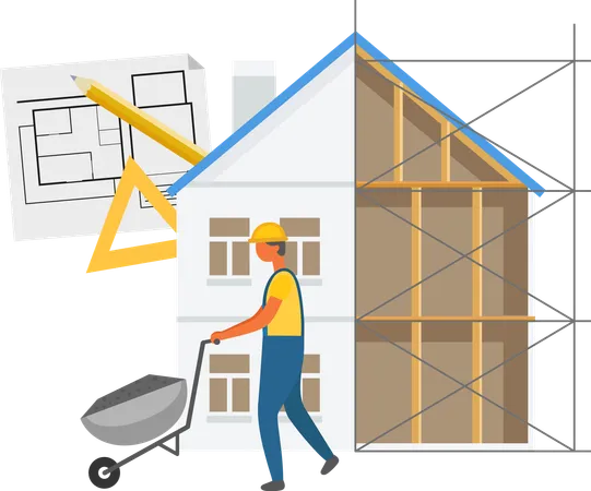 Builder going with wheelbarrow  Illustration