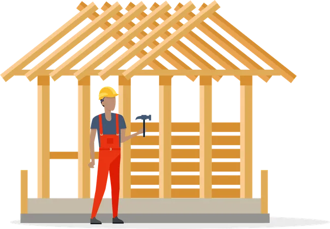 Builder In Helmet And Special Red Clothes Near Constructing House Man Holding Hamer Building Consists Only Of Many Wooden Girders And Cement Foundation White Background Vector Illustration Illustration