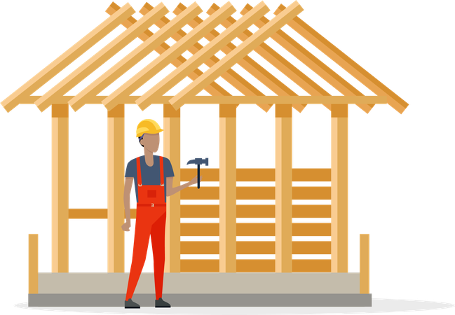 Builder in Helmet and Robe near Constructing House  Illustration