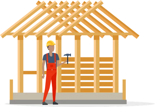 Builder in Helmet and Robe near Constructing House  Illustration